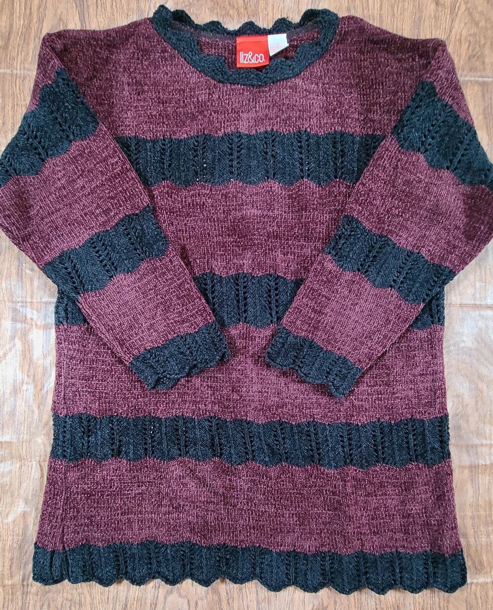 Vintage 90s Chenille Sweater Womens Size SM Open Weave Purple 3/4 Sleeve Scallop